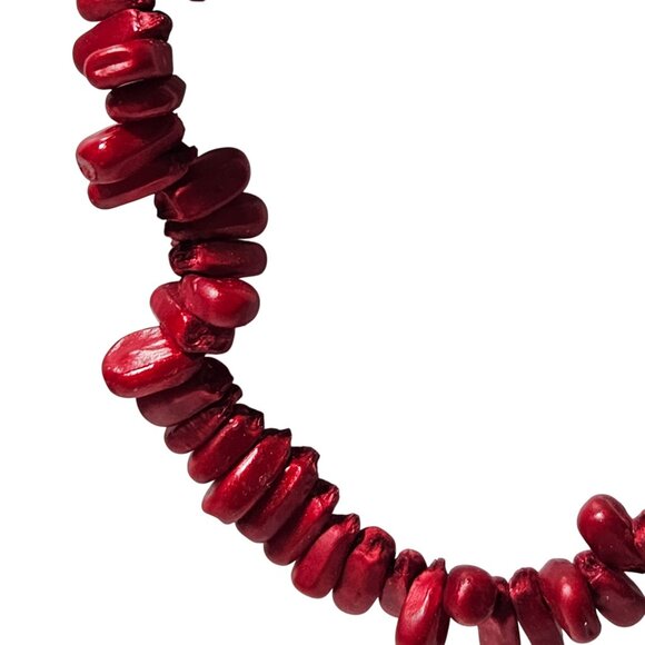 Red Coral Chip Bead Necklace Black Suede Tie Closure Handmade Jewelry - Picture 2 of 5